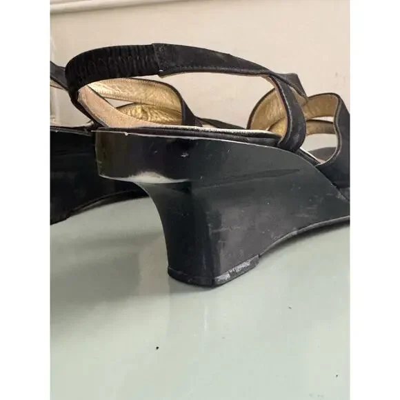 Yves Saint Laurent Black Suede Wedge Heels Sandals YSL Vintage 90s Y2K Sz 6 M - Picture 8 of 10